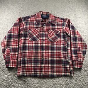 Pendleton Wool Board Shirt Mens M Red Navy Plaid‎ Button Front Virgin Wool USA